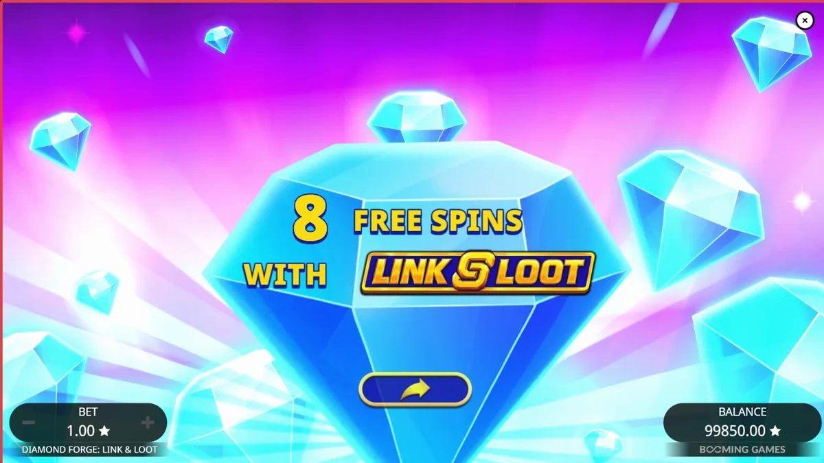 Tampilan visual slot Diamond Forge Link & Loot dengan simbol buah klasik dan berlian.